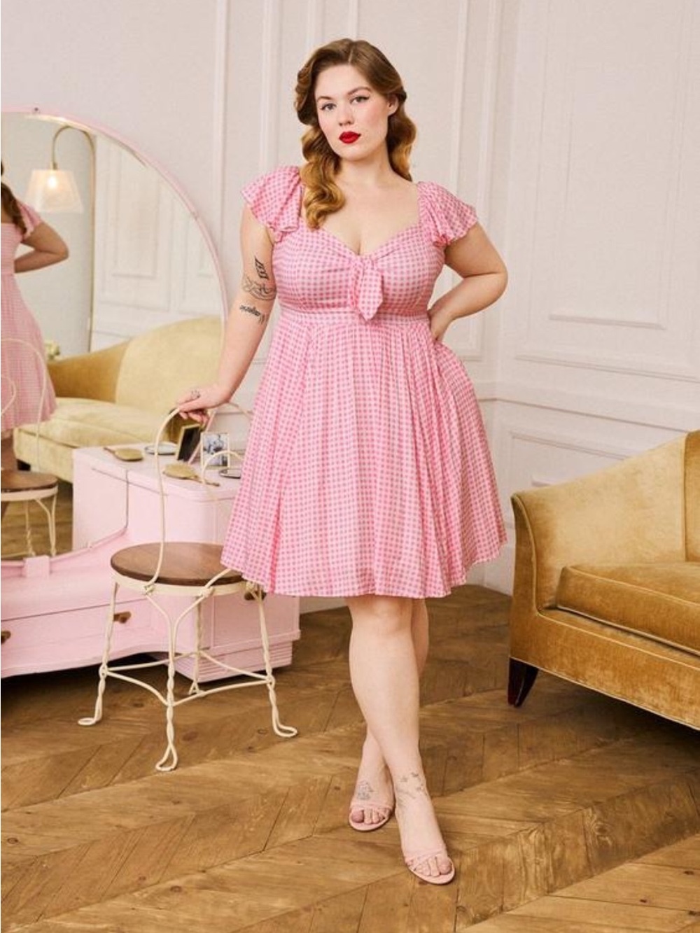 Retro Chic Torrid Mini Pink White Gingham Flutter Sleeve Vintage Dress 00 Large